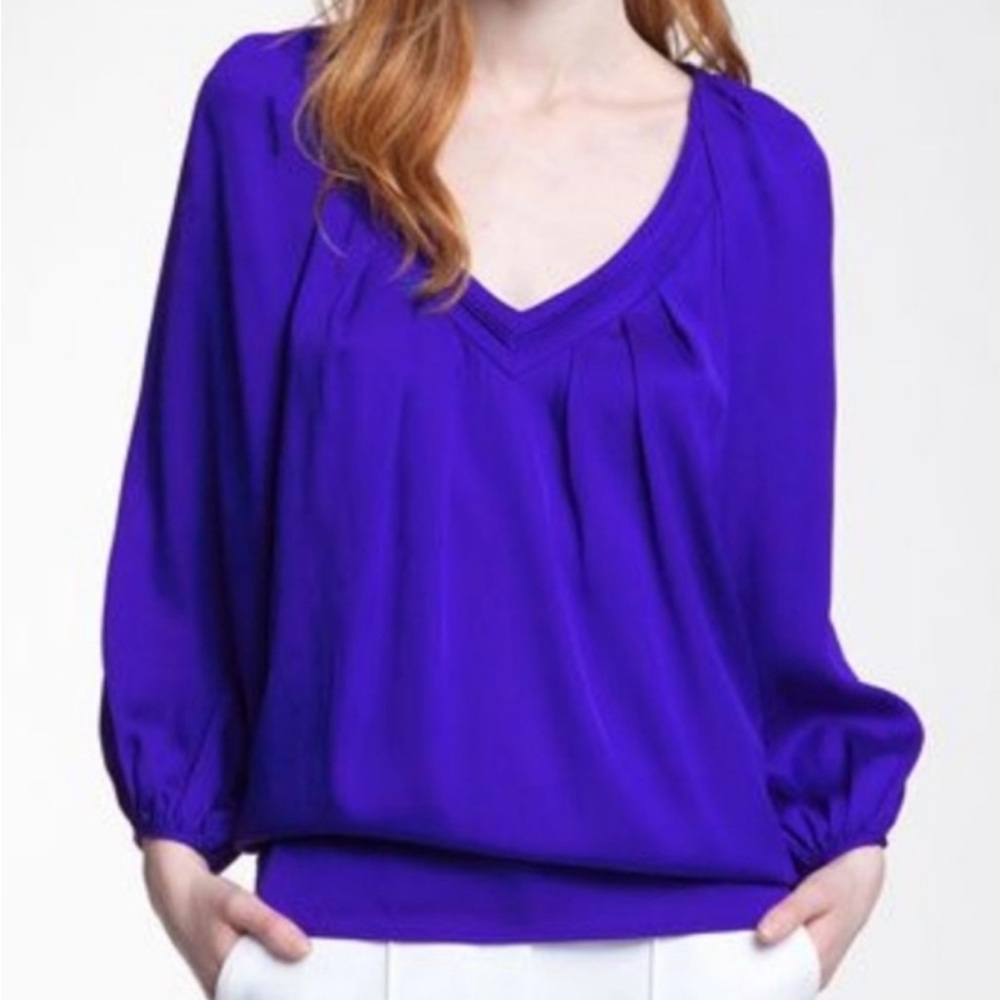 Diana Von Furstenberg 100% Silk Cahil V Neckline Draping Purple Blouse